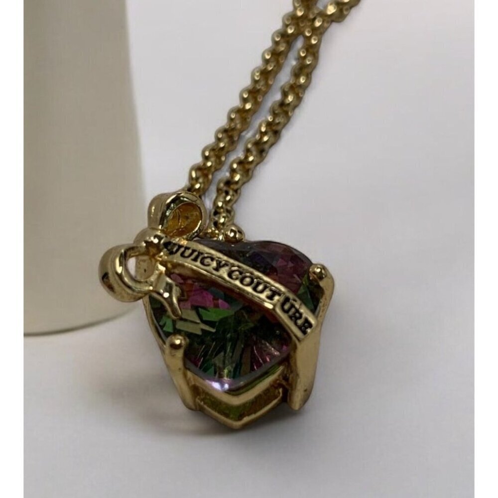Juicy Couture Crystal Heart Bow Pendant Necklace Gold Tone Chain Lobster Clasp - Picture 3 of 10